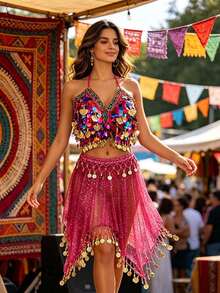 V Neck Multicolor Sequin Coin Halter Dance Crop Top Glitter Mesh Irregular Coin Tassel Dance Skirt Exotic Belly Dance Performance Outfit - Multicolor - View 1