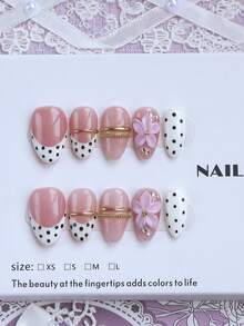 10 piezas de uñas postizas de forma almendrada corta hechas a mano, estilo francés clásico con flores prensadas, lunares en rosa nude, negro y blanco, flores 3D, adornos de línea metálica y strass, adecuadas para fiestas y uso diario, incluye juego de herramientas, regalo exquisito para mujeres - Multicolor - Ver 1