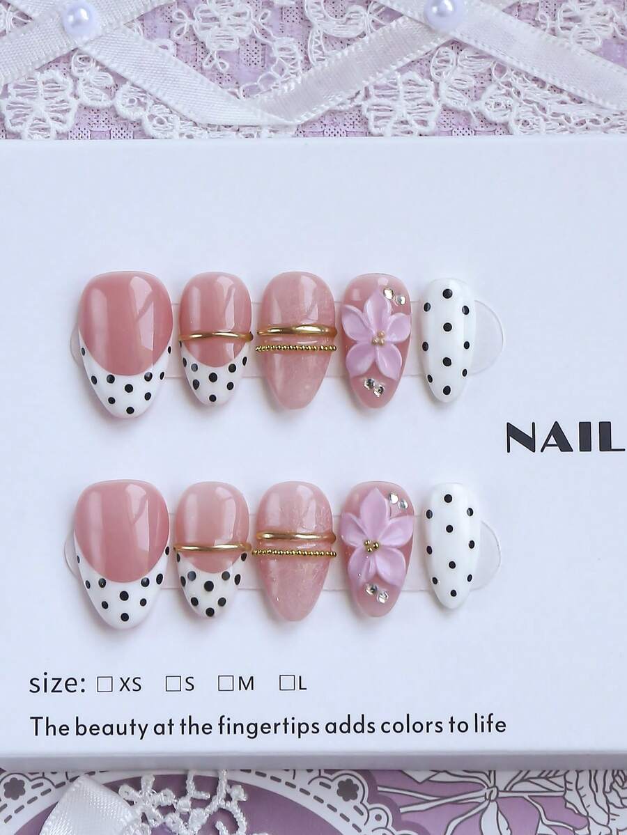 10 piezas de uñas postizas de forma almendrada corta hechas a mano, estilo francés clásico con flores prensadas, lunares en rosa nude, negro y blanco, flores 3D, adornos de línea metálica y strass, adecuadas para fiestas y uso diario, incluye juego de herramientas, regalo exquisito para mujeres - Multicolor - Ver 1
