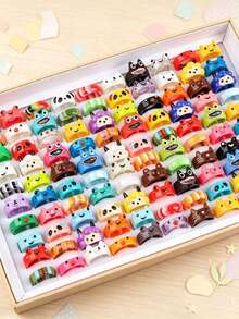 10/20 Buah Cincin Resin Hewan Kartun Campuran, Perhiasan Jari Warna-warni Lucu Hadiah untuk Anak Laki-laki dan Perempuan - Cincin resin bercorak hewan - View 1