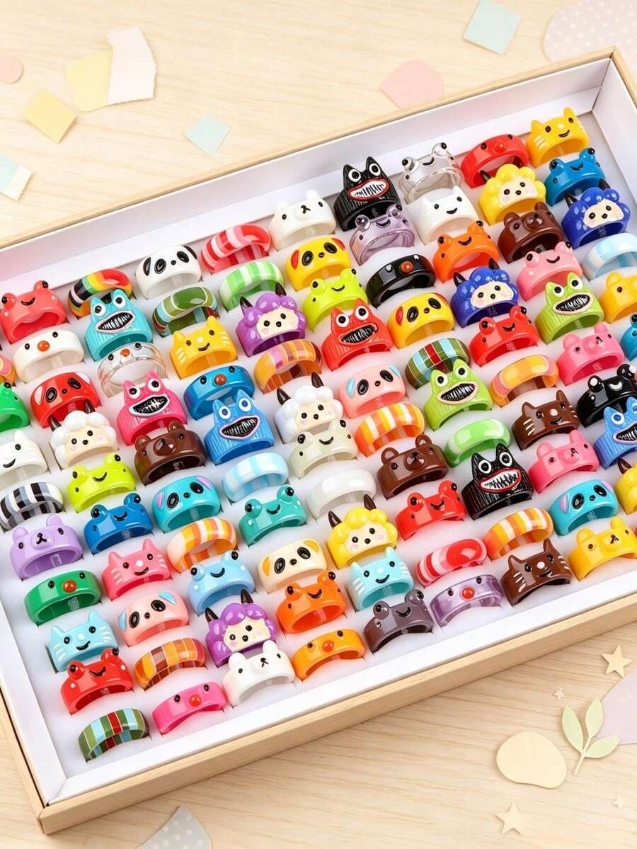 10/20 Buah Cincin Resin Hewan Kartun Campuran, Perhiasan Jari Warna-warni Lucu Hadiah untuk Anak Laki-laki dan Perempuan - Cincin resin bercorak hewan - View 1