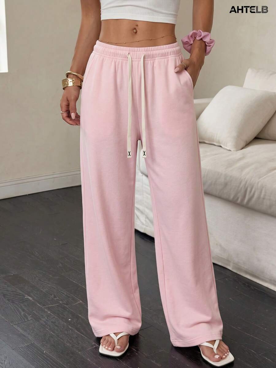 Celana Panjang Olahraga Kasual Serbaguna Musim Semi/Gugur Wanita AHTELB, Celana Rumah Kasual Longgar Serbaguna, Desain Tali Serut Pinggang Elastis, Warna Pink - Berwarna merah muda - View 1