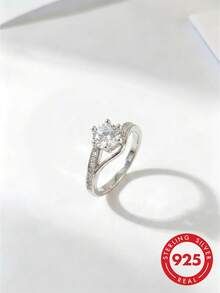 1pc Elegant Classic S925 Sterling Silver 6-Prong Single CZ Diamond Split Band Ring For Women, Engagement Promise Daily Anniversary Gift - White Gold - View 1
