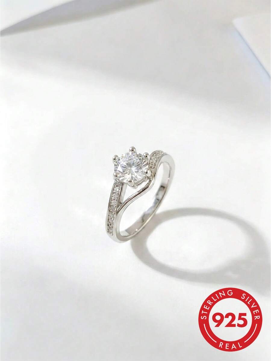 1pc Elegant Classic S925 Sterling Silver 6-Prong Single CZ Diamond Split Band Ring For Women, Engagement Promise Daily Anniversary Gift - White Gold - View 1