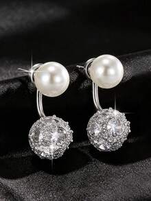 jealous young 1pair High-End Unique Faux Pearl & Cubic Zirconia Ball Drop Earrings, Elegant 2-In-1 Detachable Jewelry For Banquet, Party, Birthday Gift & Daily Wear - Silver - View 8