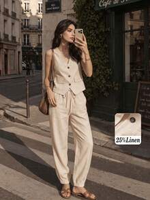Women's Casual Linen Suit Vest And Pants Set, Spring/Summer - Apricot - View 1