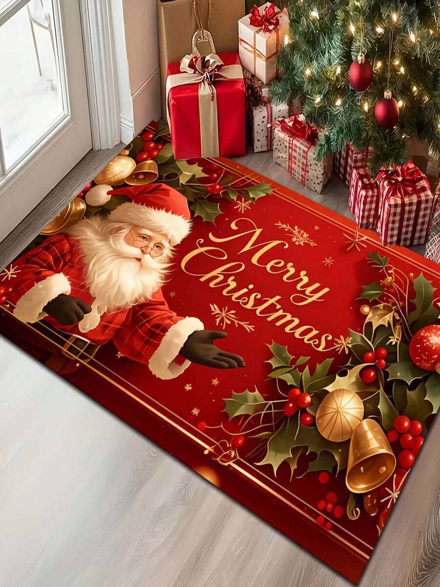 1pc Santa Claus Christmas Mat With "Merry Christmas" Text, Christmas Bathroom Decor, Rectangular Design With Holiday Decoration, Suitable For Home Decor, Machine Washable, Christmas Decoration, Holiday Decor, Indoor/Outdoor Use, Christmas Floor Mat - A - View 1