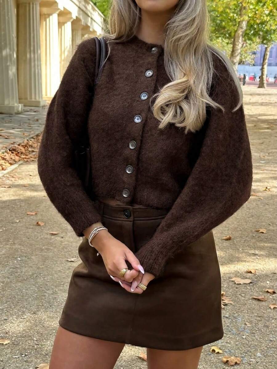Vivid Style Brown Fuzzy Knit Cardigan Women Crewneck Button Up Crop Loose Sweater Drop Shoulder Long Sleeve Cozy Ribbed Knitted Jumper Coat - Coffee Brown - View 1