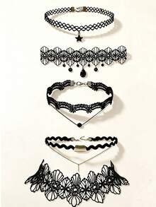 5pcs Women's Gothic Lace Choker Necklace Collar Chain - Multicolor - View 1