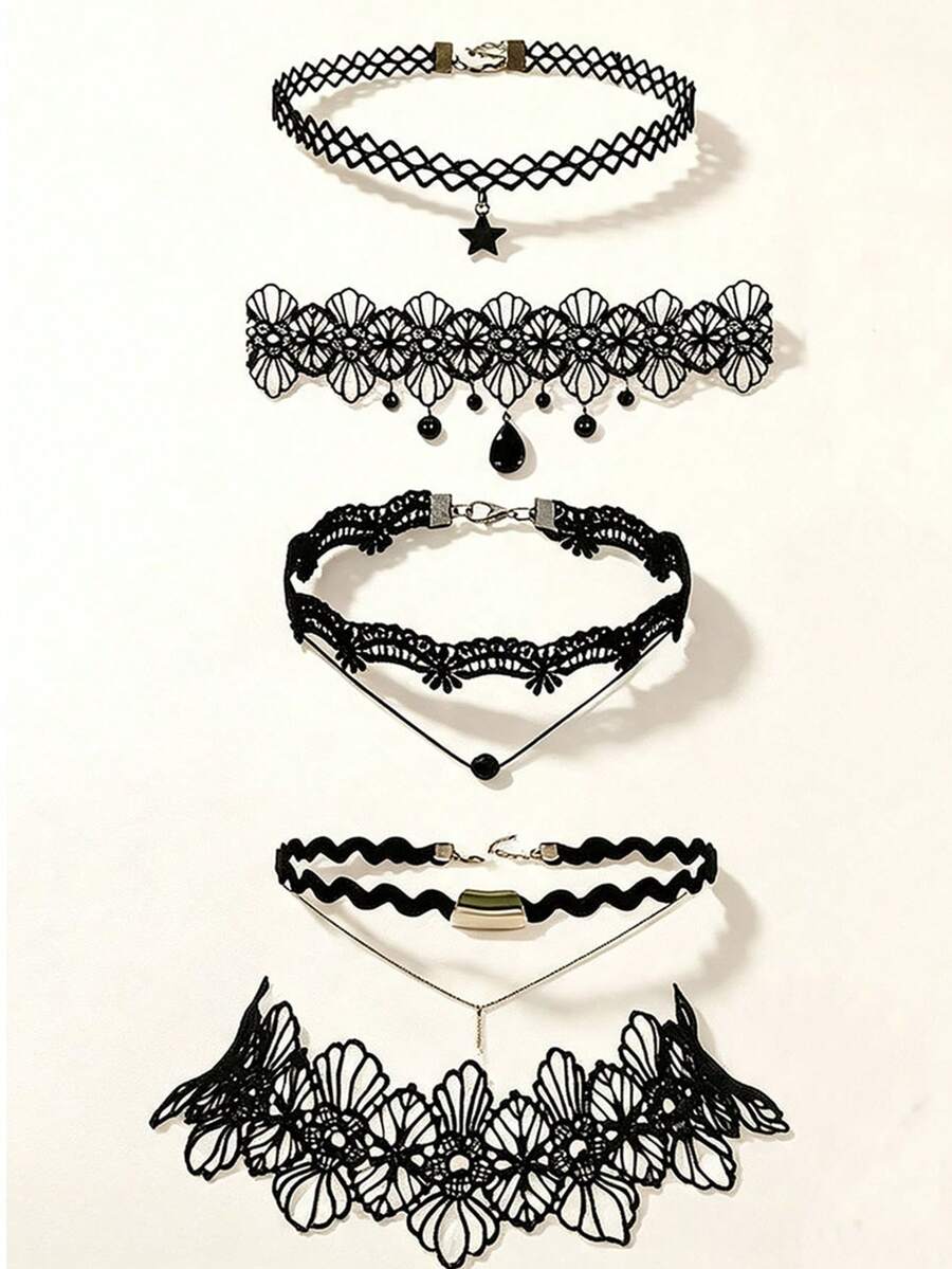 5pcs Women's Gothic Lace Choker Necklace Collar Chain - Multicolor - View 1