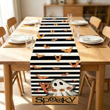 1pc Striped Ghost & Bat Spooky Print Halloween Home Decor Table Runner, Durable Polyester Stiff Fabric Decorative Tablecloth, Holiday Party Dining Table Atmosphere Desktop Arrangement - Black and White - View 3