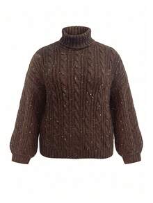 Plus Size Women's High Neck Casual Versatile Daily Wear Long Sleeve Sweater - Coffee Brown - View 7