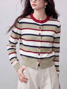 Women's Autumn/Winter Casual Minimalist Colorblock Striped Round Neck Cardigan Knit Sweater Jacket Fall - Multicolor - View 4