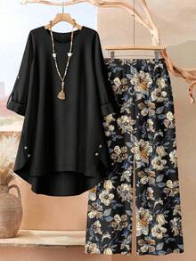 Plus Size Women's Casual Fashion Asymmetrical Top And Floral Print Wide Leg Pants 2 Pieces Set Vacation Black Elegant - Black - View 1