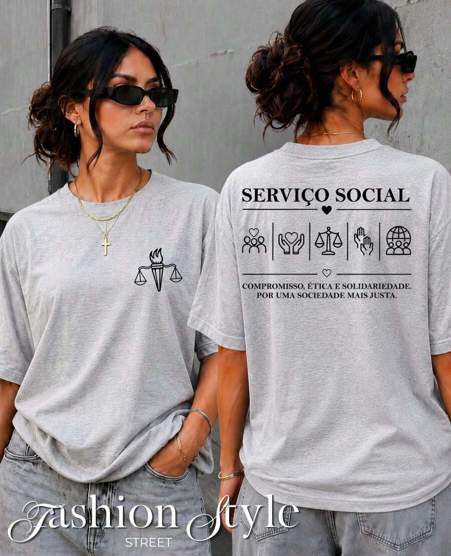 Camiseta Serviço Social Profissão Cuidado Curso Cuidado Compromisso Ética Blusa Estampada Algodão - Cinza - Visão 1