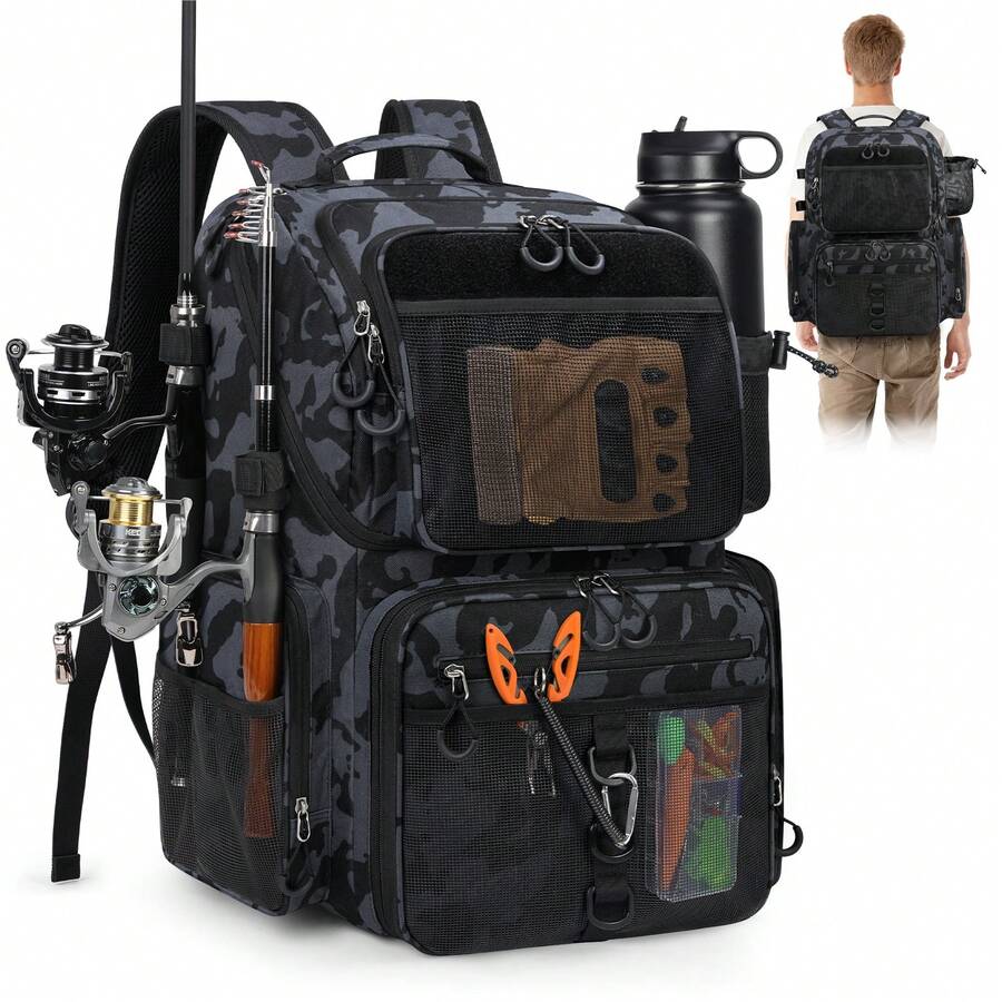 NEWHEY 45L Fishing Backpack With Rod Holder And Waterproof Rain Cover, 900D High-Strength Adjustable Compartment Fishing Gear Storage Bag - Men's/Dad's Gift