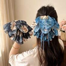 1 buah Jepit Rambut Vertikal Chiffon Ringan dengan Motif Cat Air, Pita Ruffle Berlapis Besar, dan Rumbai Biru Panjang, Jepit Rambut Pisang Pegas Plastik untuk Gaya Rambut Setengah Terangkat, Aksesori Sempurna untuk Tampilan Kencan dan Pakaian Liburan Pastel Lembut - MultiWarna - View 1