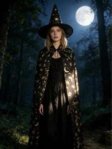 1 bộ trang phục phù thủy Halloween gồm áo choàng và mũ chóp, mũ phù thủy in họa tiết mặt trăng và sao màu vàng, bộ đồ nhập vai cho 2 người để hóa trang tiệc tùng - Xem 2