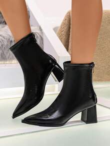 Pointed Toe Chunky Heel Back Zipper Slim Ankle Boots, Soft PU Leather, Autumn/Winter Commuter Women's Boots - Black - View 6