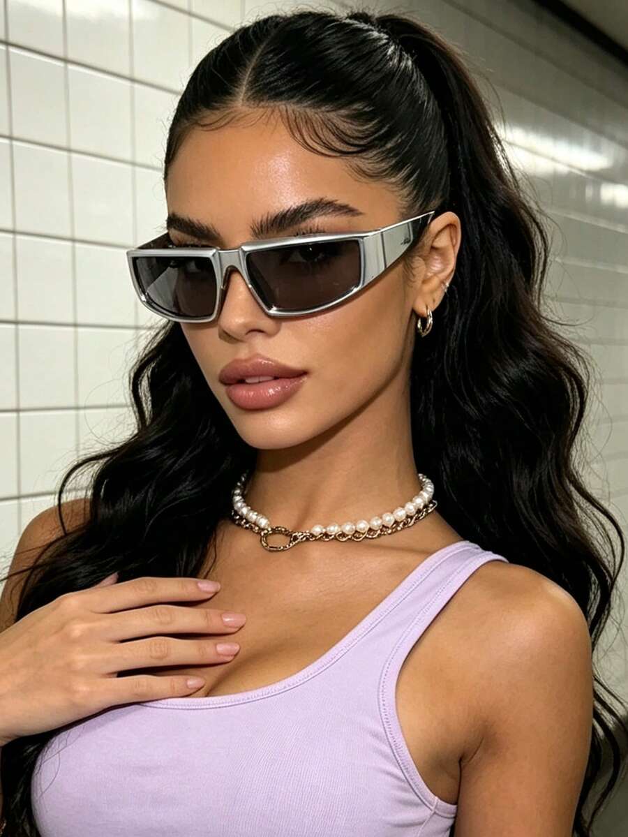 1PC Oversized Versatile Fashion Glasses, Full Frame Y2K Style Women's Personalized Glasses, Suitable For Travel, Vacation, Beach And Other Occasions - Silver - View 1
