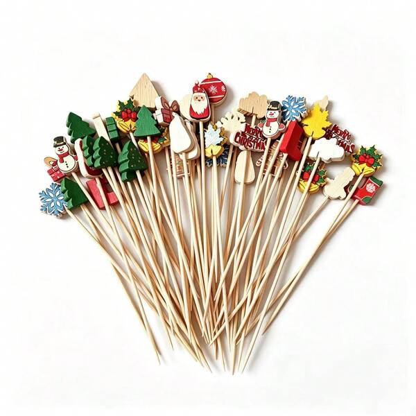 Christmas Decoration Bamboo Skewers, Cartoon Santa Claus & Snowman Wooden Fruit Picks, Party Cake Cocktail Fruit Platter Decorative Picks, Holiday Dessert Display Picks