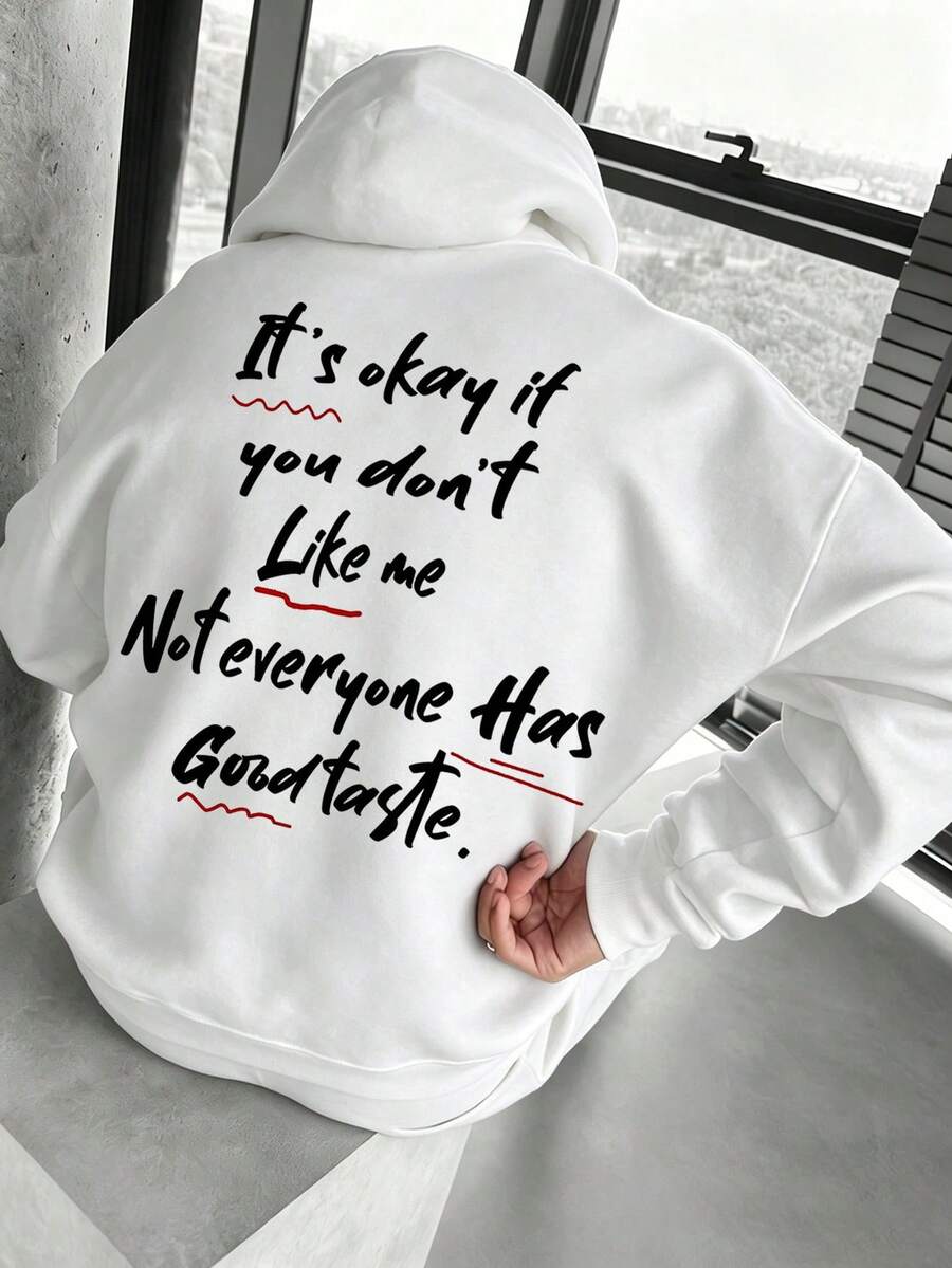 Men's Autumn/Winter Fashion Versatile Handwritten English Print Pullover Sweatshirt, Casual Loose Fit With Pockets And Drawstring Pullover - White - View 1