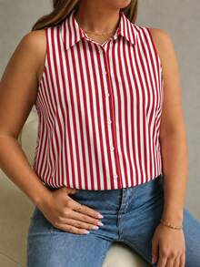 Kemeja Wanita Plus Size Kasual Vintage Motif Garis Tanpa Lengan dengan Desain Kancing, Atasan untuk Pemakaian Harian Musim Panas - Merah - View 1