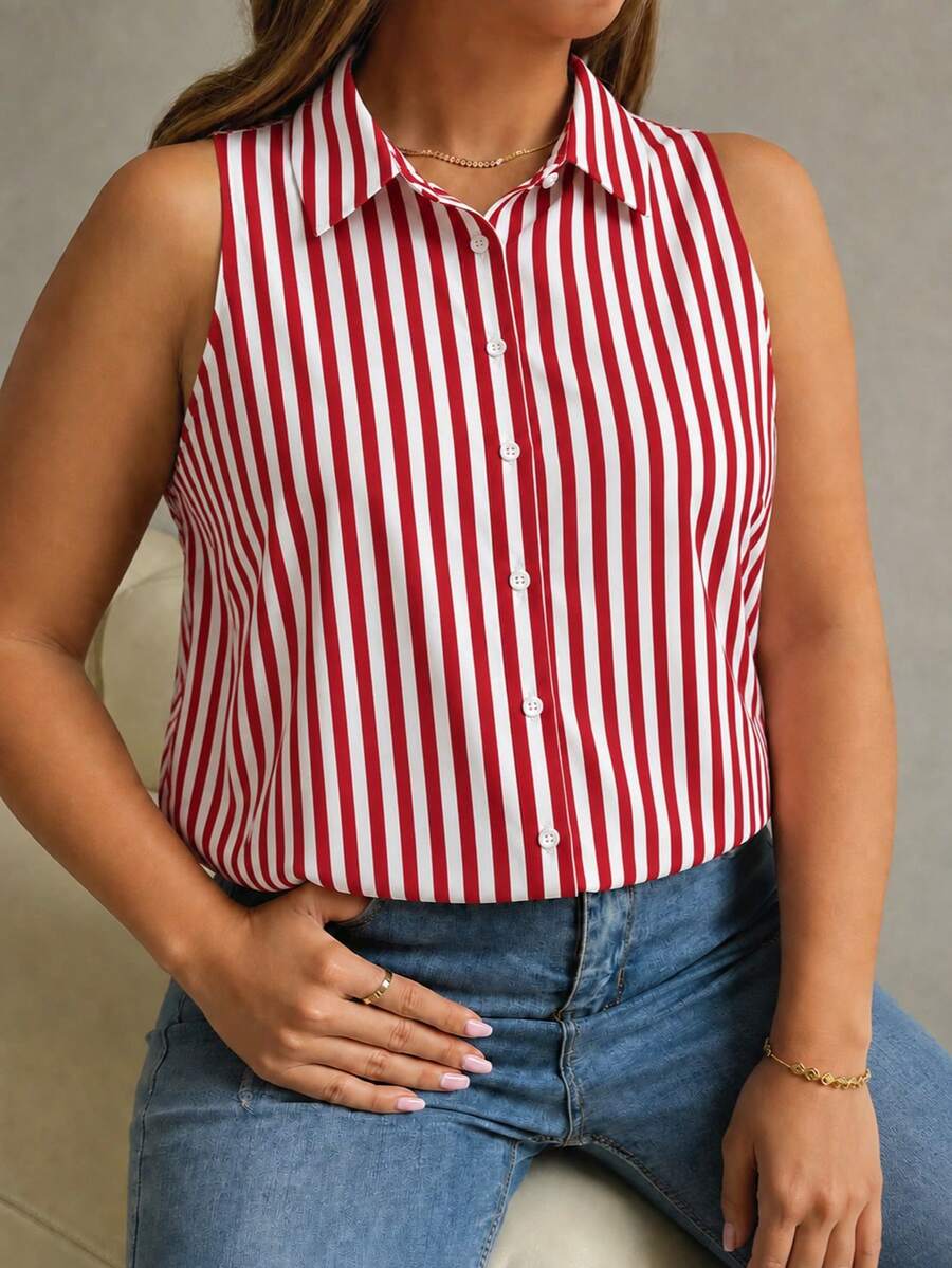 Kemeja Wanita Plus Size Kasual Vintage Motif Garis Tanpa Lengan dengan Desain Kancing, Atasan untuk Pemakaian Harian Musim Panas - Merah - View 1