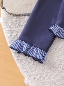 2pcs/Set Girls' Casual Preppy Style Turn-Down Collar Plaid Ruffle Blouse & Pleated Skirt Set, Autumn - Royal Blue - View 8