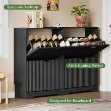 Shoe Storage Cabinet For Entryway With 4 Flip Drawers, Hidden Slim Wood Shoe Organizer With Modern Fluted Panel, Freestanding Narrow Shoe Rack For Front Door Entrance, Hallway, Foyer, Black - View 2