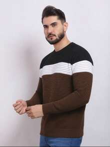 Men's Knit Sweater Crew Neck Long Sleeve Wool Pullover - 棕色 - 查看 5