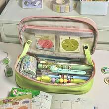 Japanese Style Fresh Cat Embroidery Pencil Case, Light Green And Soft Pink Dual Color Options, Cat And Clover Embroidery With Contrast Color, Soft And Healing. Large Capacity Multi-Compartment Design, Can Store Stationery, Cosmetics And Cards/Cameras, Dual Zipper Opening Convenient, Durable And Wear-Resistant Fabric, Suitable For Student Learning, Daily Makeup And More, Fresh And Practical Good Item. - Single Piece - View 2