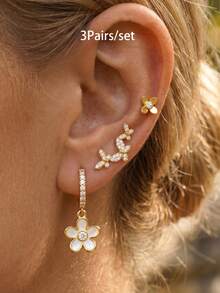 3 Pairs Gold Plated‑Tone White Enamel Flower Huggie Hoop, Snake & Four‑Petal Flower Stud Earring Set Dainty Zirconia Stackable Ear Jewelry For Women - 3Pairs/set - View 9