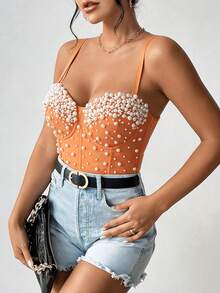 Fashion Vacation Style Handmade Pearl Best-Seller Versatile Fishbone Shaping Camisole Top For Women - Orange - View 2