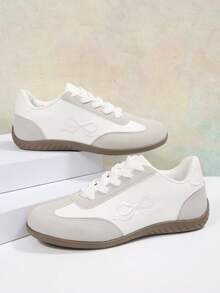 Sepatu Sneakers Kasual Low Top Bordir Pita Manis Dua Warna Retro untuk Sehari-hari - Putih - View 1