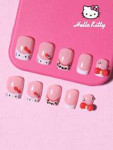 Sanrio Hello Kitty 24pcs Short Square Leopard Print French Style Press-On Nails, With Hello Kitty, Red Bow And Rhinestone Decor, Perfect Fit Acrylic Fake Nails Set, Includes 1pc Jelly Glue And 1pc Nail File, Suitable For Girls' Daily And Party Use - Multicolor - View 3