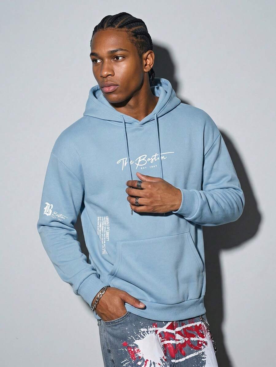 Modcrash Men's Casual Fashionable Versatile Daily Commute Simple Slogan Print Kangaroo Pocket Drawstring Hoodie, Autumn/Winter - Baby Blue - View 1