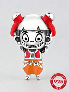1pc S925 Sterling Silver Cartoon Boy Nezha Beaded Charm, Colorful Resin Anime Character DIY Bracelet Perforated Silver Bead Pendant - Silver - View 1