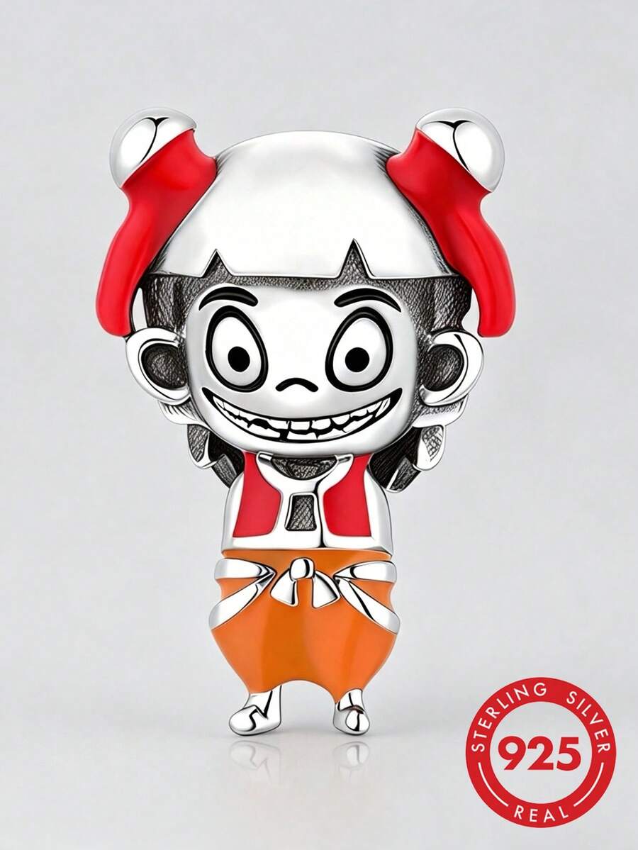 1pc S925 Sterling Silver Cartoon Boy Nezha Beaded Charm, Colorful Resin Anime Character DIY Bracelet Perforated Silver Bead Pendant - Silver - View 1
