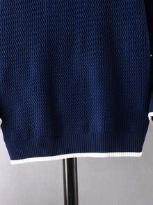 Boys' Round Neck Long Sleeve Knitted Sweater With Fine Ribbed Texture, Contrast Trim Design, Simple Casual Versatile Pullover, Suitable For School Daily Wear In Autumn/Winter - Navy Blue - View 5