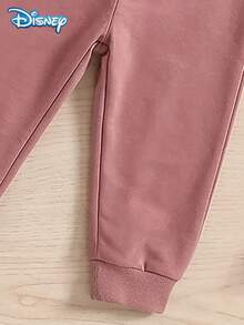 Disney Authorized Baby Girls Sweatshirt Set, Spring/Autumn, Soft Dusty Rose Colorblock Patchwork Minimalist Korean Style, Slightly Loose Raglan Sleeve Crew Neck Sweatshirt With Draped Tapered Leg Pants, Fits Girls Under 3 Years Old, Versatile For Daily Wear, Casual Outings, Vacations, Gatherings And Parties - Coral Orange - View 7