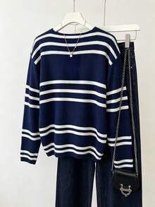 1pc Premium Striped Colorblock Loose Fit Long Sleeve Crew Neck Slimming Relaxed Versatile Knit Sweater Fall - Multicolor - View 2