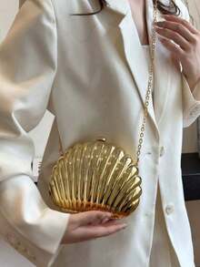 Mini Shell Shaped Laser Metal Clutch Bag,Y2K Retro Metal Frame Chain Shoulder Crossbody Bag,For Women's Formal Evenings, Outings,Dates,Shopping,Etc. - Gold - View 8