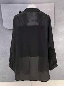 Plus Size Women's Solid Color Front Button Rolled Sleeve Chiffon Blouse, Lightweight Breathable Elegant Office Party Spring Summer Top - Black - View 2