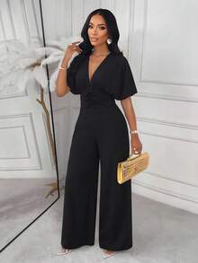 AIJ Autumn Elegant Black Knit Long Jumpsuit, Deep V-Neck Short Sleeve, Ruched Pleated Detail On Chest Summer - Fixed Black - View 6