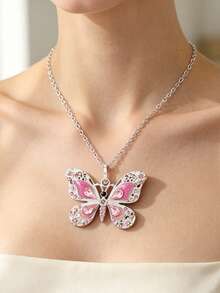 1pc Heavy-Duty Hollow Butterfly Pendant Necklace, Oil-Drip Inlaid Artificial Rhinestone Vintage Fashion Necklace - Pink - View 2