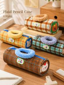 1 Pc Cute Striped Cylindrical Party Pencil Case Checkered Stylish Stain-Resistant Stationery Pouch Storage Organizer For School Office Supplies Cosmetic Bag Travel Accessories Portable Student Gift - View 8