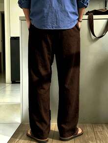 Men's Linen Straight Leg Casual Pants, Spring/Summer Thin Breathable Versatile Solid Color Drawstring Loose Long Pants, Black - Brown - View 3