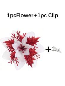 1/10/20/30件裝一品紅聖誕裝飾花（附夾子）－10件紅金銀色人造花，亮面聖誕樹飾品，適用新年、婚禮派對花環DIY花串裝飾，含包裝 - 白紅 - 查看 14