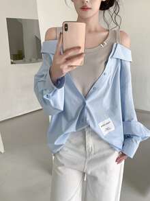 Blus Longgar Lengan Panjang Berlapis Model 2 In 1 Desain Niche Colorblock Bahu Terbuka untuk Gadis Seksi Musim Semi - Biru muda - View 4